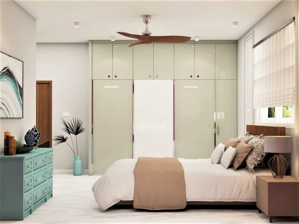 Luxurious modern bedroom with soft lighting, premium materials, and soothing colors, designed for comfort and peace.