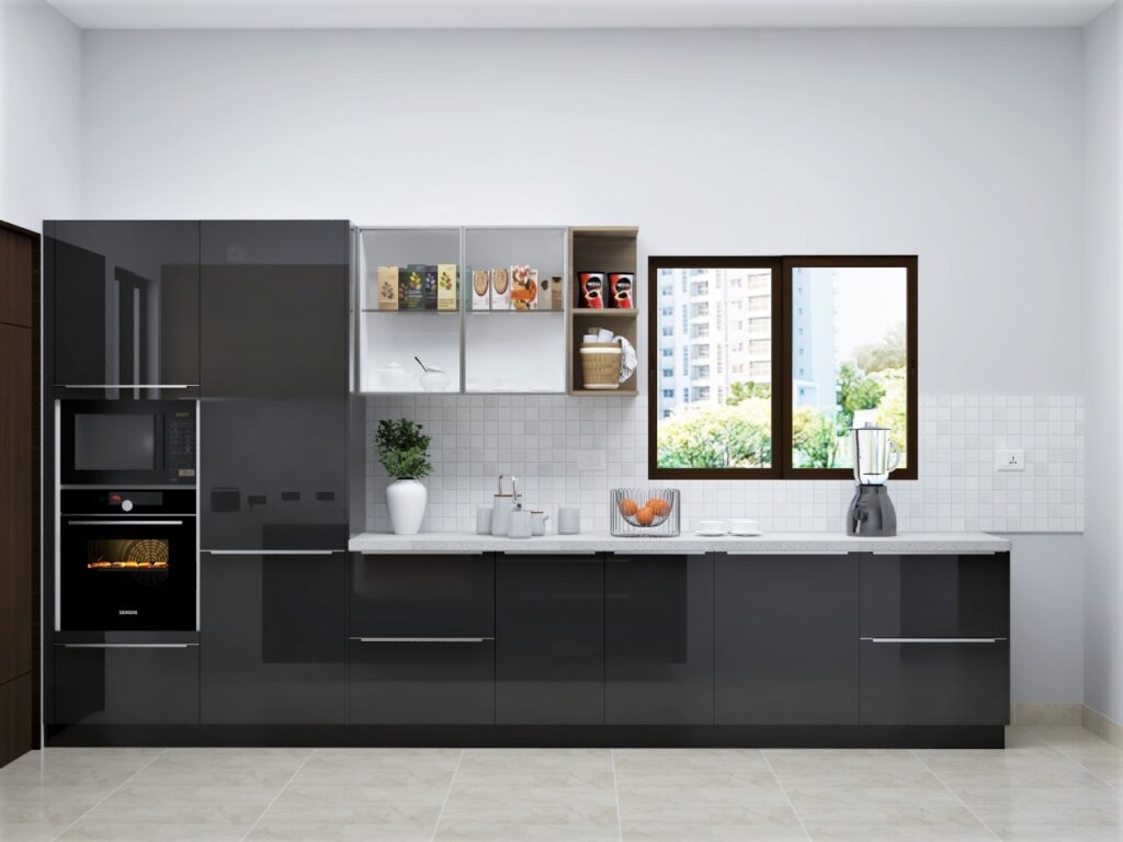Luxurious modern kitchen design with high-end finishes, sleek cabinetry, and ambient lighting for a comfortable and elegant atmosphere
