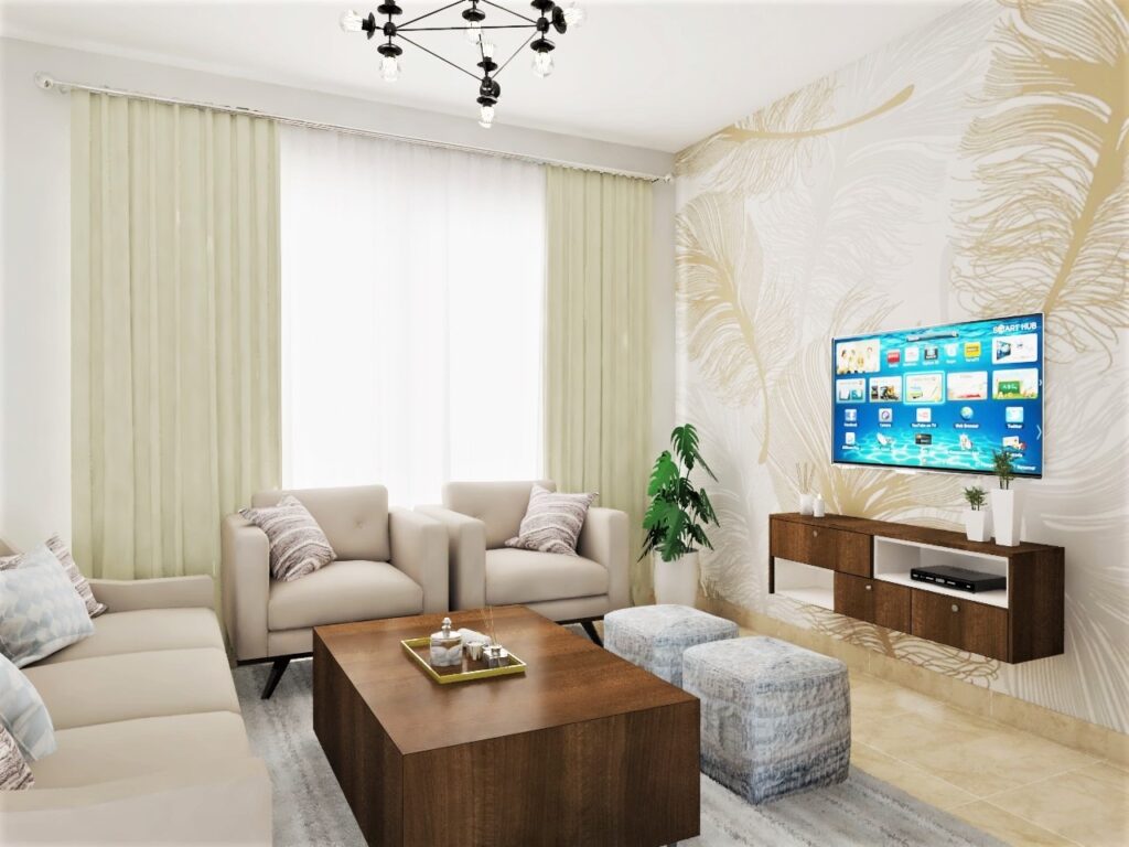 Luxurious modern living room with premium materials, soft textures, and ambient lighting, creating a comfortable and peaceful atmosphere.